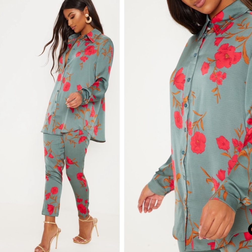 Green Floral Print Oversized Shirt and Matching Pants set